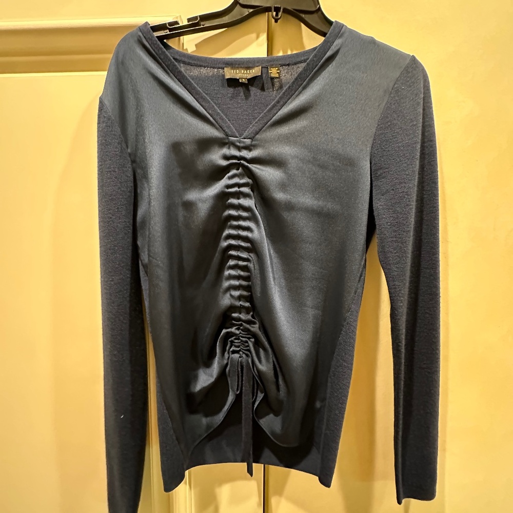 TED BAKER sweater, silk gathered front, Navy Size Small